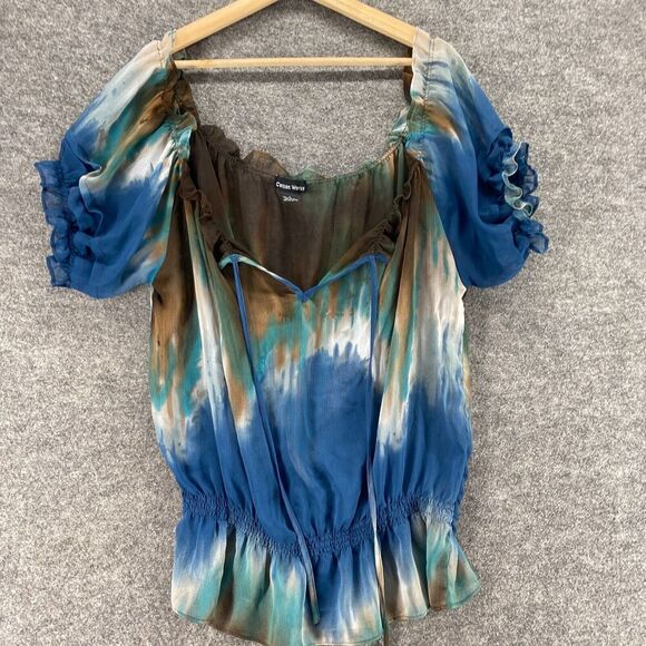 Cotton Works Blouse Women L Large Blue Colorblock V-Neck Tasseled Short Sleeve - Picture 4 of 8